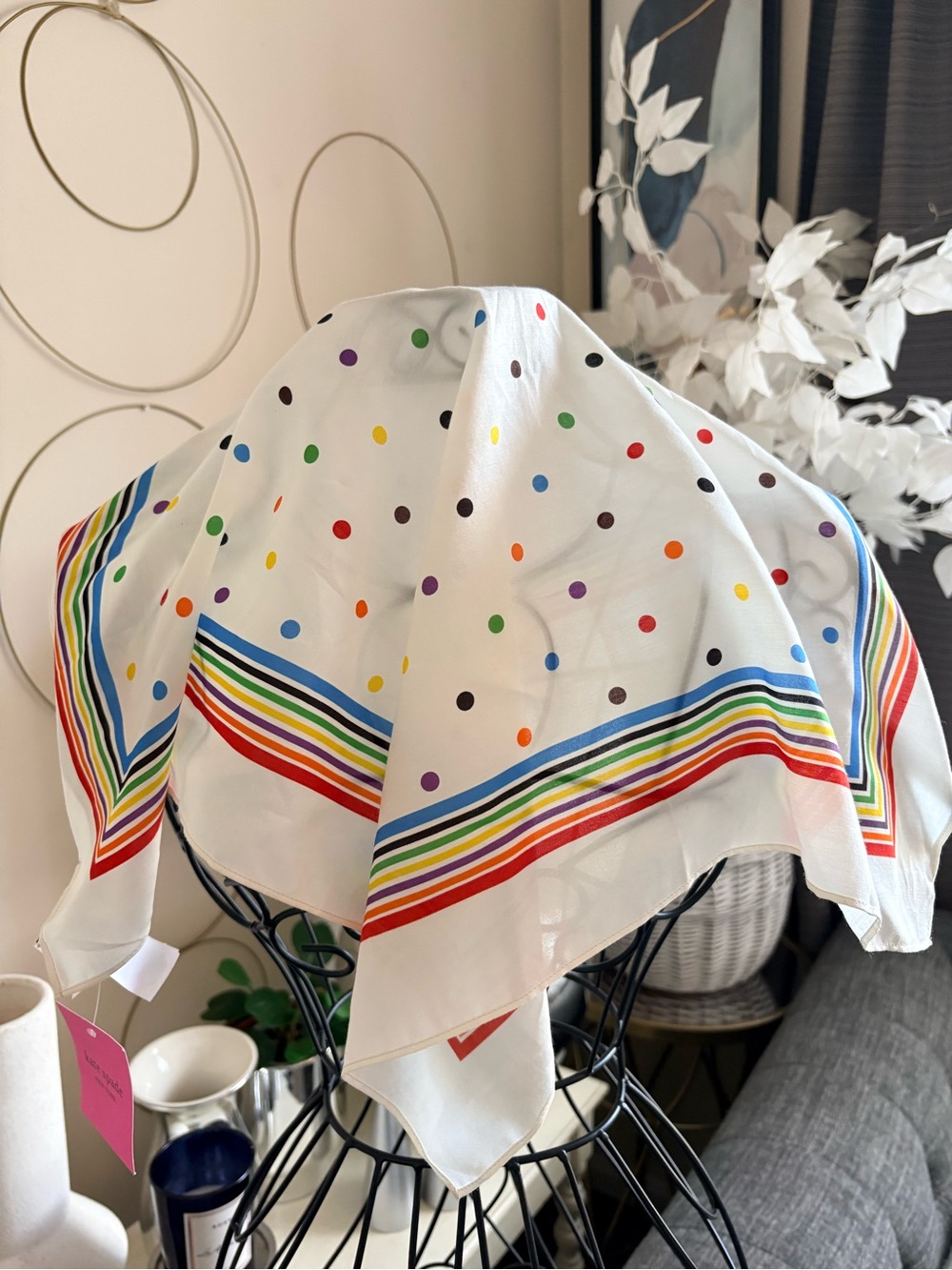 NWT Kate Spade Colorful Polka Dot Cotton/Silk Blend Scarf 20x 20